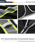 Close-up of mesh fabric and reflective strips of Solid Heavy Duty High Visibility Reflective Safety Vest For Men And Women ANSI Grade Compliant Unisex Mesh Workwear For Construction Road Sites Black Extra Large Daily Grind Hardworking Apparel.