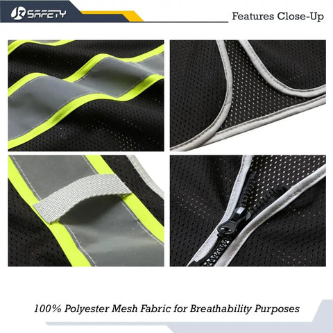 Close-up of mesh fabric and reflective strips of Solid Heavy Duty High Visibility Reflective Safety Vest For Men And Women ANSI Grade Compliant Unisex Mesh Workwear For Construction Road Sites Black Extra Large Daily Grind Hardworking Apparel.