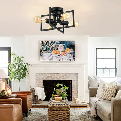 Living room with 4 Light Matte Black Sputnik Style Semi Flush Mount Ceiling Light With E26 Base Industrial Lit Ceiling Fixture.