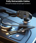 Upgraded Retractable Car Charger 4 In 1 Fast USB C and Apple Car Adapter with 2.6ft Cord in car console.