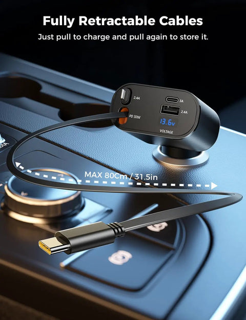 Upgraded Retractable Car Charger 4 In 1 Fast USB C and Apple Car Adapter with 2.6ft Cord in car console.