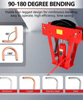 16 Ton Manual Hydraulic Pipe Bender With 45 Steel Frame For Copper And Metal Tubes Includes 8 Dies For Professional Bending Projects Up To Two Inches In Diameter With Adjustable Height And Smooth Operation showing 90-180 degree bending options.