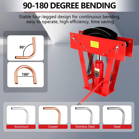 16 Ton Manual Hydraulic Pipe Bender With 45 Steel Frame For Copper And Metal Tubes Includes 8 Dies For Professional Bending Projects Up To Two Inches In Diameter With Adjustable Height And Smooth Operation showing 90-180 degree bending options.