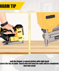 Kick The Driveway Trip And Load Up This Heavy Duty Cordless Brad Naler Plus Staple Gun With Two Thousand Nails For Fine Woodwork And Weekend Warrior Projects Featuring Rock Solid Safety Switch in use on wood surface.