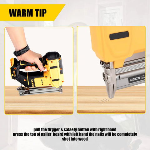 Kick The Driveway Trip And Load Up This Heavy Duty Cordless Brad Naler Plus Staple Gun With Two Thousand Nails For Fine Woodwork And Weekend Warrior Projects Featuring Rock Solid Safety Switch in use on wood surface.