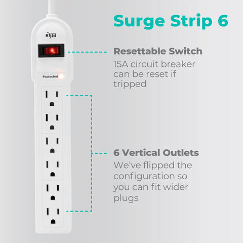 Six-Outlet Surge Protector Power Strips 2-Pack 900 Joule Protection 4-Foot Cord Lighted Switch 15-Amp Circuit Breaker