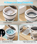Clutch 20L Foldable Portable Washer With Power Spin Basket showing step-by-step operation for cleaning laundry.