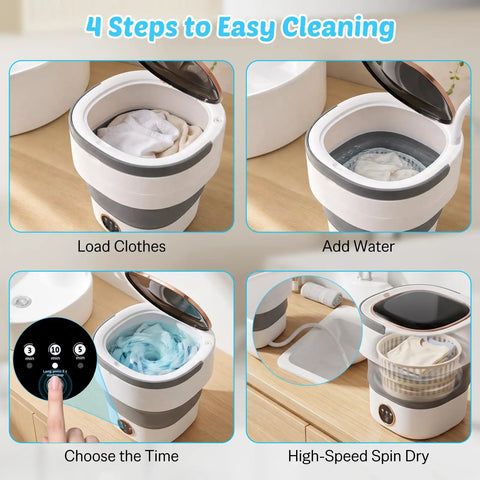 Clutch 20L Foldable Portable Washer With Power Spin Basket showing step-by-step operation for cleaning laundry.