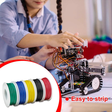 Children working on a robot with Five Pack 164 Ft Copper Hookup Wire Kit 30AWG Solid Core Tinned Copper Jumper Wire in foreground.