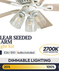 52 Inch Farmhouse LED Ceiling Fan With Light, clear seeded 3-arm light kit, barn wood blades, dimmable lighting features