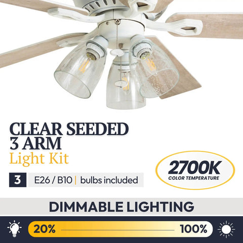 52 Inch Farmhouse LED Ceiling Fan With Light, clear seeded 3-arm light kit, barn wood blades, dimmable lighting features