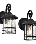 Slim 5.5 Inch Wide Outdoor Wall Light 2 Pack in Textured Black with Seedy Glass, featuring rust-resistant lantern design.