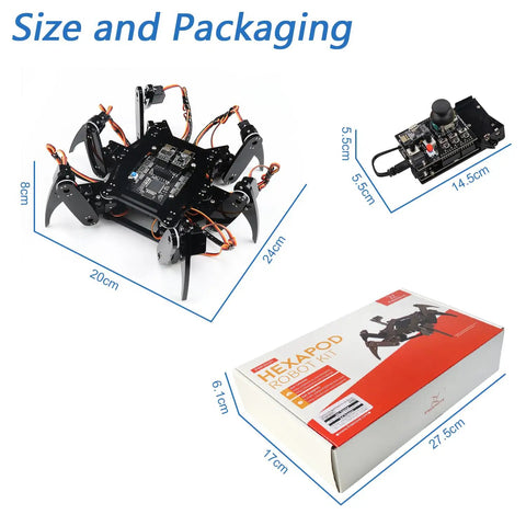 Six Leg Hexapod Robot Kit With Remote For DIY Makers That Walks Crawls And Twists Works With Arduino IDE App Remote Control Easy Programming With Sample Code Library Ideal STEM Project size and packaging shown