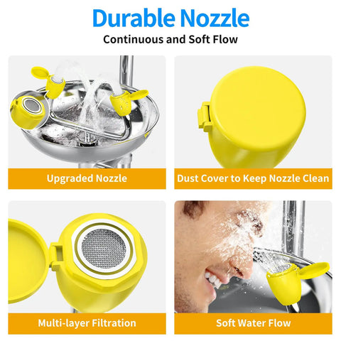 Heavy Duty Combination Emergency Eye Wash Shower Station Forged From Bonafide 304 Stainless Steel For Workplace Safety Wall Mounted Combo Package Ships With Bold Warning Sign Straight Out The Box Ready To Go Anytime, featuring upgraded yellow nozzle and filtration.