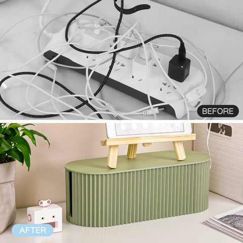 Before and after of Two Pack Cable Management Box With 20 Cable Ties For Power Strips And Surge Protectors Cable Organizer For TV And Computer