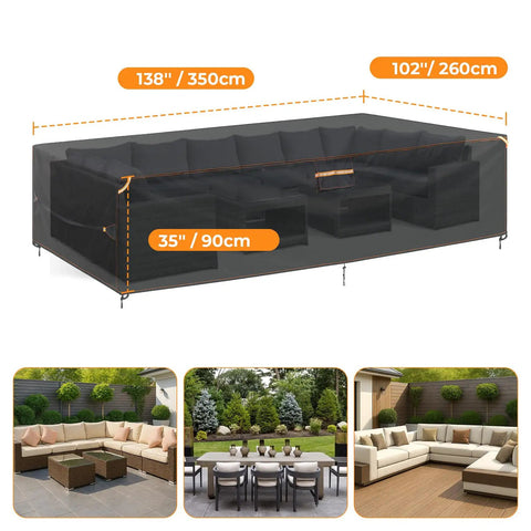 Extra Large Weatherproof Outdoor Dining Set Cover with Vents for Table Sofa and Chairs, Black, 138x102x35 inches, Illustrated
