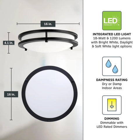 Sleek 16 Inch Round LED Flush Mount Ceiling Light Dimmable 1800 Lumens With 3000K 4000K 5000K Color Temperature Matte Black