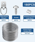 All In One Picture Hanging Kit 181 Piece Heavy Duty Set With 100 Ft Braided Wire 60 D Ring Hangers With Screws 60 Aluminum Crimp Sleeves Built To Last For Frames Mirrors Canvas Artwork And Home Decor components