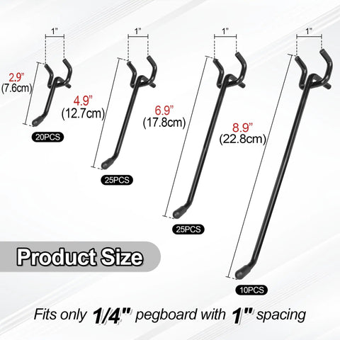 Extra Thick Quarter Inch Pegboard Hooks 80 Pack Set In 2, 4, 6, And 8 Inch Sizes Black Heavy Duty L Shaped Pegboard Hooks diagram