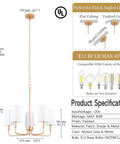 Product specifications sheet showing muted gold chandelier with white fabric shades for modern farmhouse linear island lighting.