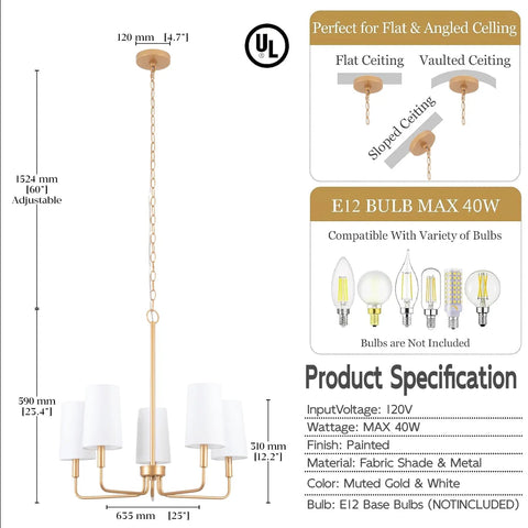 Product specifications sheet showing muted gold chandelier with white fabric shades for modern farmhouse linear island lighting.