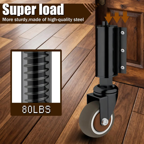 Gate Wheel 2 Inch For Wooden Gate With 80 Lbs Capacity And 360 Degree Rotation Spring Loaded Absorbing TPR Tire Durable Steel Construction Double Ball Bearings Includes Screws And Screwdriver, side view with spring and tire details