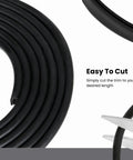 Close-up of Black U Channel Edge Trim Seal EPDM 15/32 Inch High By 19/64 Inch Wide 50 Feet Roll with scissors, easy to cut.