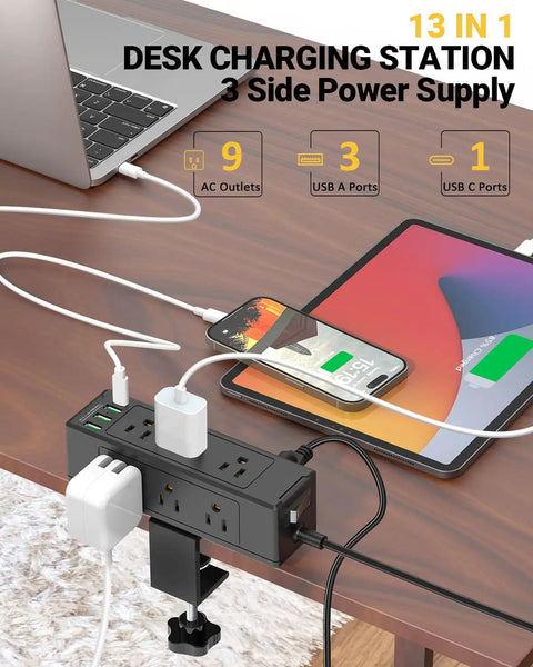 Desk Clamp Power Strip With USB C And USB Ports, 9 AC Outlets Plus Surge Protector charging devices on a desk.