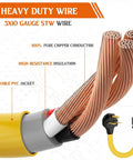 Close-up of heavy-duty 3X10 gauge STW wire with pure copper conductors and 30 Amp EV Adapter Cord 6-30P To 6-20/15R or 5-20/15R T Blade, 12 AWG, 1 Ft, 240V Male To Female Plug