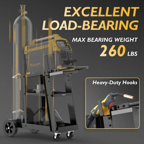 Three Tier Tilt Table Welding Cart With 360 Degree Swivel Wheels for TIG MIG Welder and Plasma Cutter, loaded with cylinder