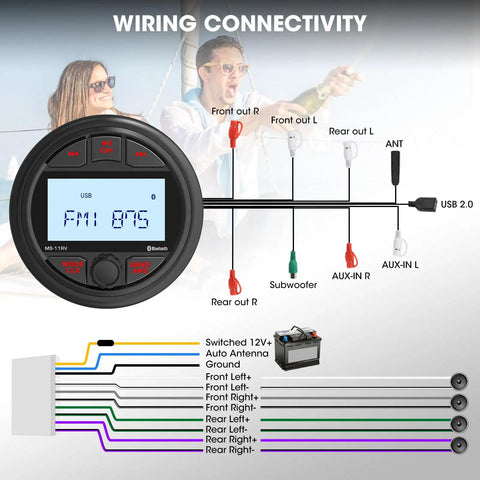 Wiring diagram for Waterproof Marine Bluetooth Stereo Head Unit with AM FM Radio, 2.8 Inch LCD Display, MP3 USB AUX In