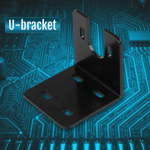 Joyzan motor mounting bracket, universal U-bracket in black metal with base plate and vertical slot tab (front view)