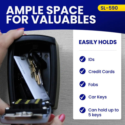 Easy Access Key Storage Wall Mount Lock Box in black with push button showing ample space for keys and cards.