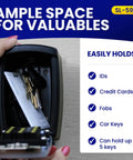 Push Button Key Storage Wall Mount Lock Box With Easy To Use Phone Style Keypad open showing keys and cards inside