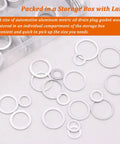 580 Piece Aluminum Oil Drain Plug Washer Set for Your Ride and More, 18 Sizes From M6 To M24, washers displayed on surface