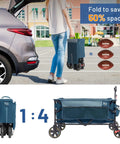 Heavy Duty Collapsible Wagon Cart With Brakes 200L Large Capacity Folding Utility Wagon shown folded next to car trunk