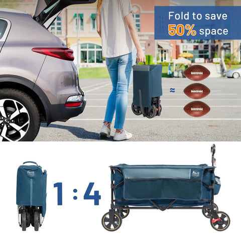 Heavy Duty Collapsible Wagon Cart With Brakes 200L Large Capacity Folding Utility Wagon shown folded next to car trunk