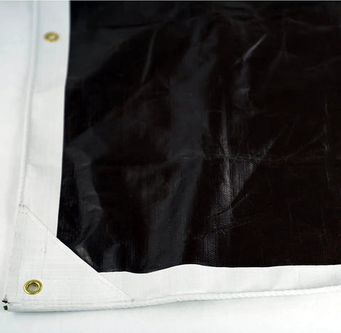 Close-up of 20 Foot By 20 Foot Beefy Tough As Nails Waterproof Tarp 16 Mil Thick White And Brown Reversible Cover corner details