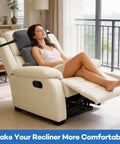 Woman relaxing on recliner with Recliner Neck And Lumbar Pillow Set With Shredded Foam Fill, Adjustable Headrest Strap.