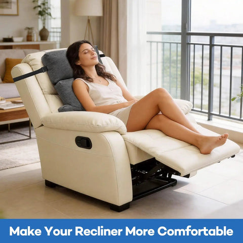 Woman relaxing on recliner with Recliner Neck And Lumbar Pillow Set With Shredded Foam Fill, Adjustable Headrest Strap.