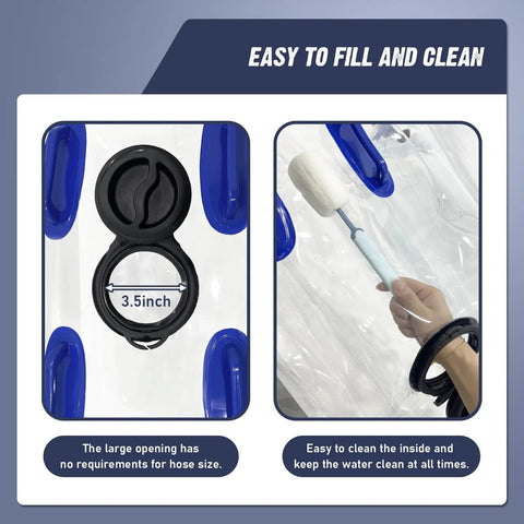 Close-up of 50 Gallon Collapsible Water Storage Bladder With Spigot For Emergency Prep showing open cap and cleaning process.