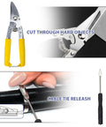 Heavy Duty Stainless Steel Cable Tie Gun Kit With 100 Self Locking Zip Ties, scissors and tie remover showing functionality