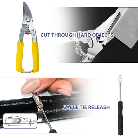 Heavy Duty Stainless Steel Cable Tie Gun Kit With 100 Self Locking Zip Ties, scissors and tie remover showing functionality