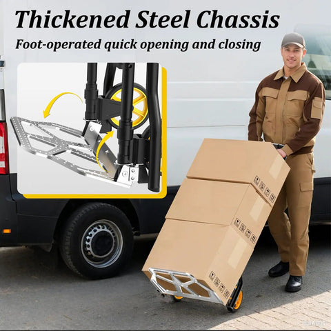 2 In 1 Folding Hand Truck And 3 Step Ladder Portable Dolly Cart For Easy Hauling And Reaching High Places Built With Durable Steel Frame Foldable Design Locking Steps And Smooth Rolling Casters For Home Or Jobsite Use, man moving boxes