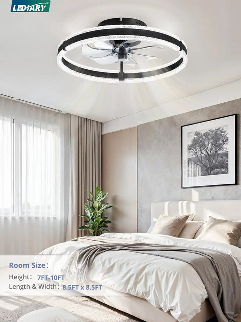 Top Tier 20 Inch Low Profile Ceiling Fan With Slick Dimmable Light And Wireless Remote Control delivering chill six speed airflow for cozy master bedrooms, modern flush mount fixture in matte black.