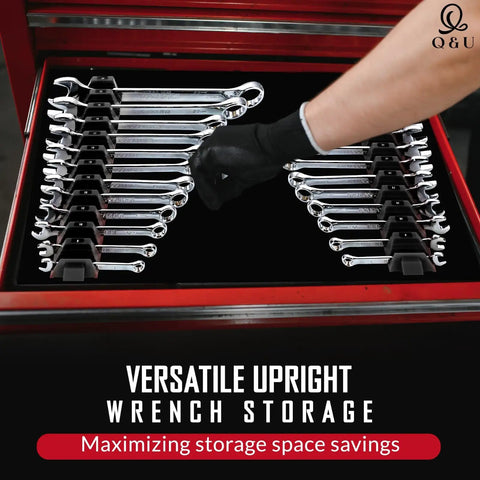 Slick Modular Wrench Organizer System With 48 Magnetic Holders for tool box drawers, organizing wrenches in a red drawer.