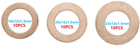 Three Sizes Pro Grade Copper Crush Washer Set For Oil Drain Plugs Fits M12 30 Pieces includes 18x12x1.3mm 20x12x1.5mm 22x12x1.5mm