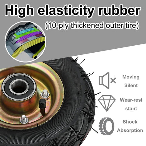 Heavy Duty Pneumatic Rubber Caster Wheels With Brakes Heavy Hitters 4 Pack showing 10-ply thickened outer tire for durability.