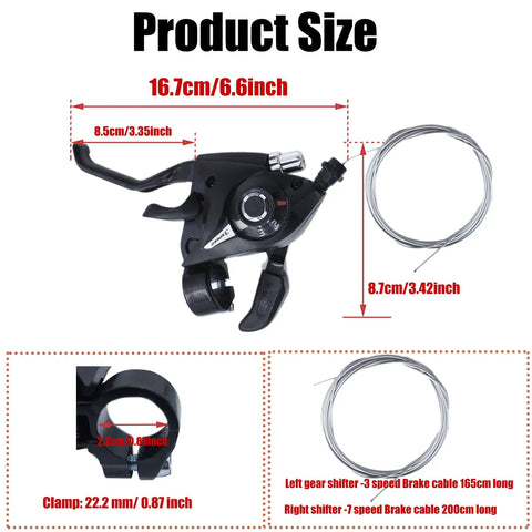 Sweet 21 Speed Bike Shifter And Brake Lever Set With Optical Gear Indicator showing dimensions and cable lengths