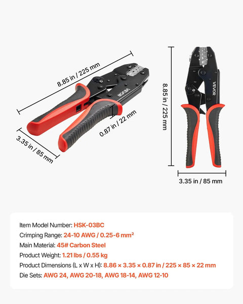 Ratcheting Wire Crimpers For 10 To 24 Awg Cables Featuring No Sweat Jaws And Clearly Labeled Metric Gauge Scales For Hassle Free Electrical Terminal Crimping Plus Quick Release Adjustment For Top Shelf Automotive Builds, showing dimensions and carbon steel design.
